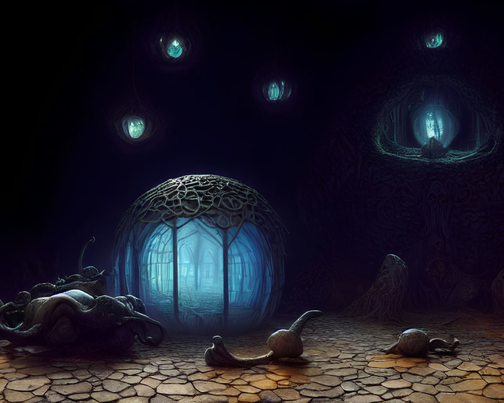 Mysterious dark room with glowing blue orbs and snail-like creatures near ornate glowing doorway