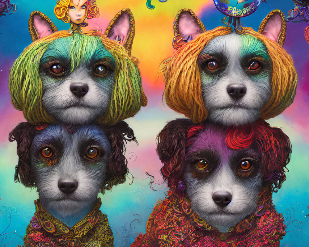 Colorful Stylized Dogs with Yarn-like Fur and Whimsical Hats on Psychedelic