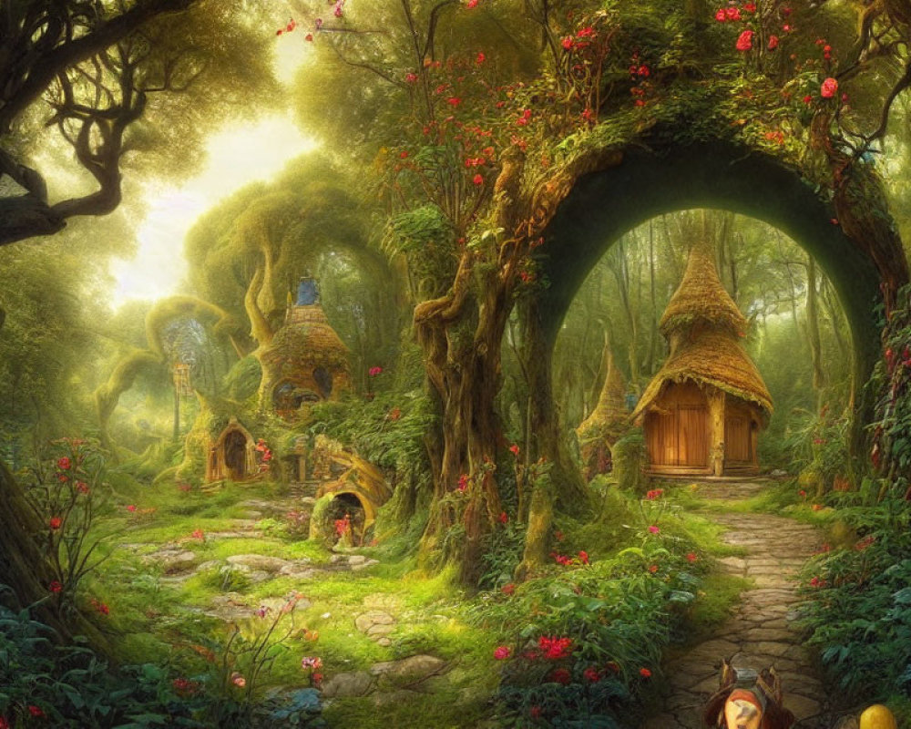 Whimsical enchanted forest scene with cottages, cobblestone path, lush greenery, and