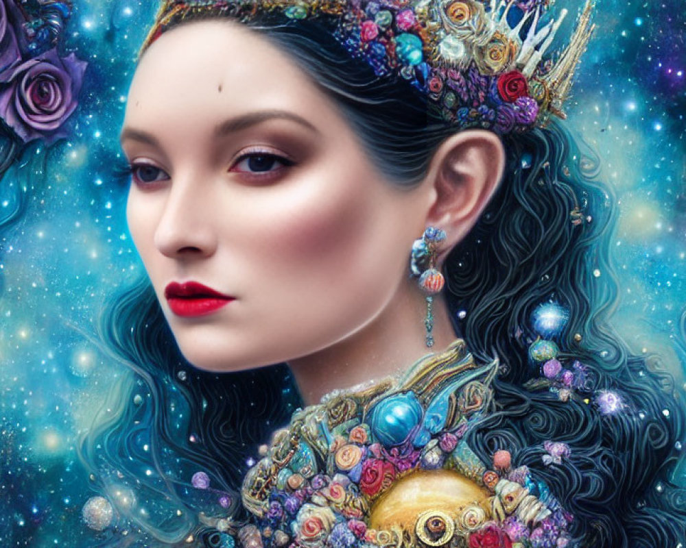 Woman with Black Hair and Cosmic Crown in Mystical Portrait
