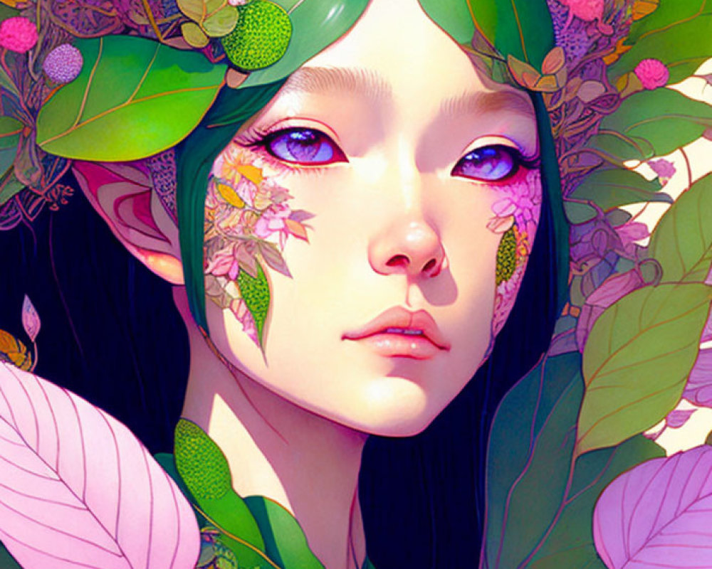Female with Pink Eyes Surrounded by Lush Flora and Blossoms