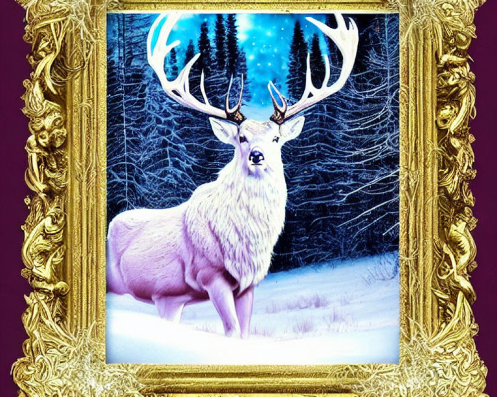 White Stag with Antlers in Snowy Landscape and Golden Frame