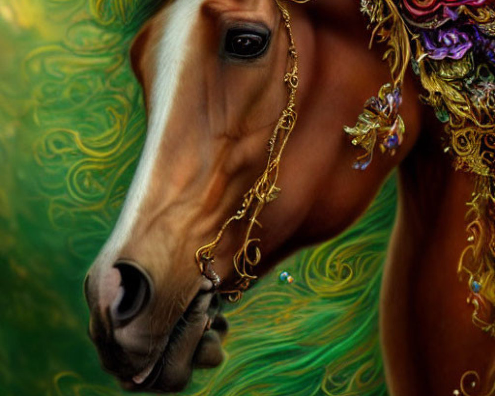 Ornate golden headgear on horse with flowers in digital art
