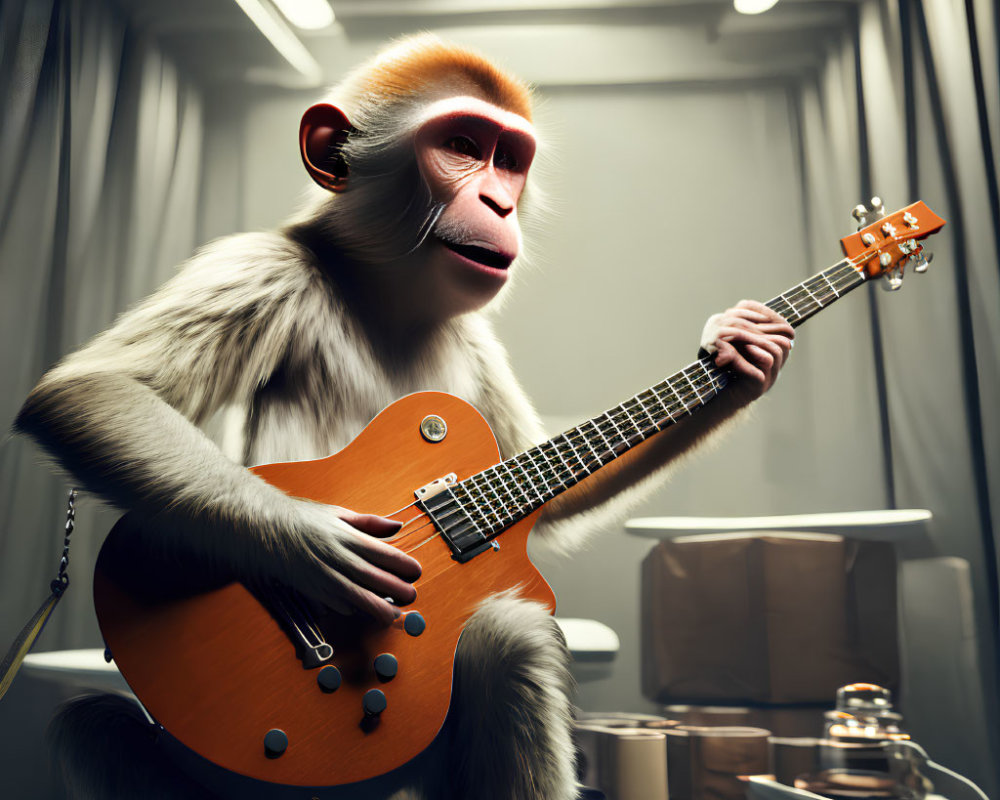 Monkey with human-like features playing electric guitar in studio setting
