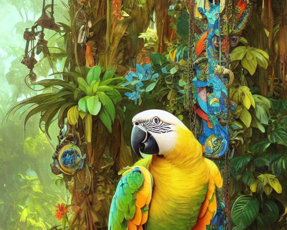 Colorful Parrot on Vine in Clock and Greenery Jungle Scene