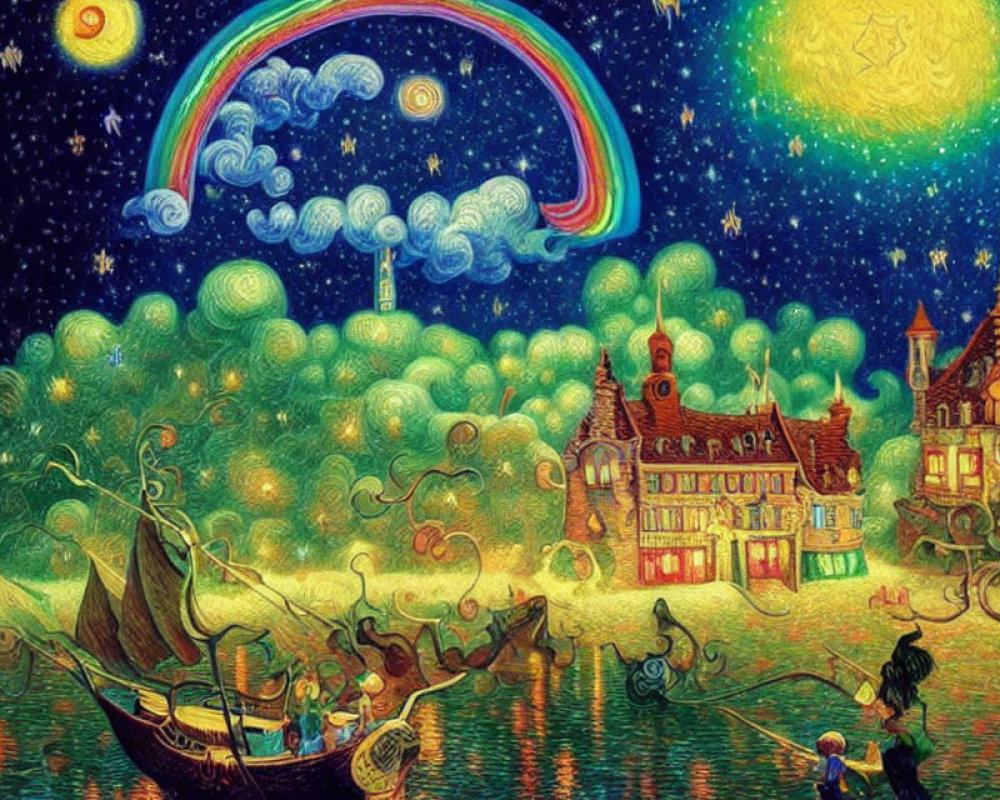 Fantasy scene: radiant sky, whimsical rainbow, starry night, figures on small boat,