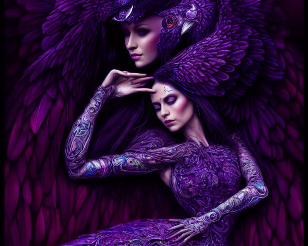 Artwork featuring figures with purple plumage, ornate tattoos, and an owl creature embracing a serene