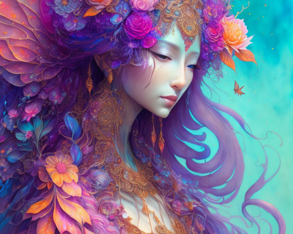 Colorful Feminine Figure with Ornate Floral Headgear & Feathered Wings