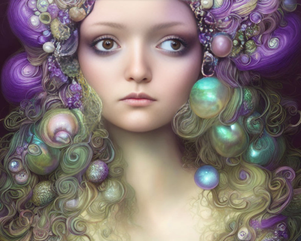 Digital artwork of woman with expressive eyes & purple hair adorned with pearls and shells, showcasing underwater theme.
