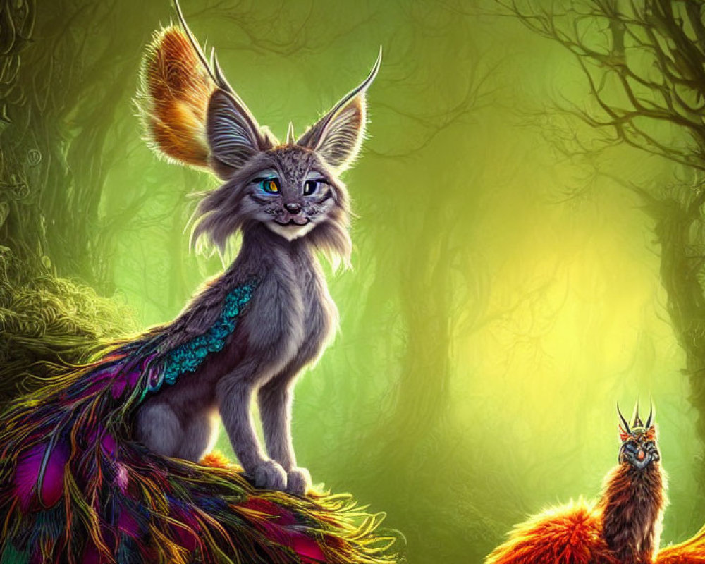 Majestic cat-like creature with peacock tail in mystical forest