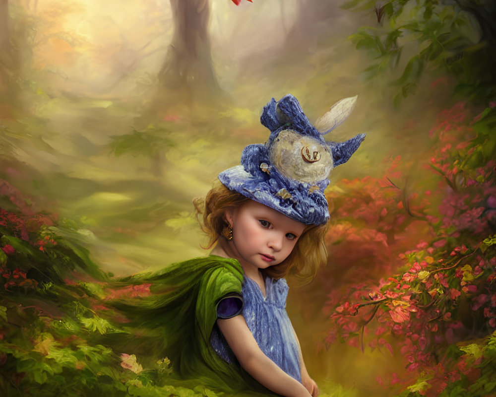 Young girl in blue dress and bird-adorned hat in mystical forest with flowers and butterfly