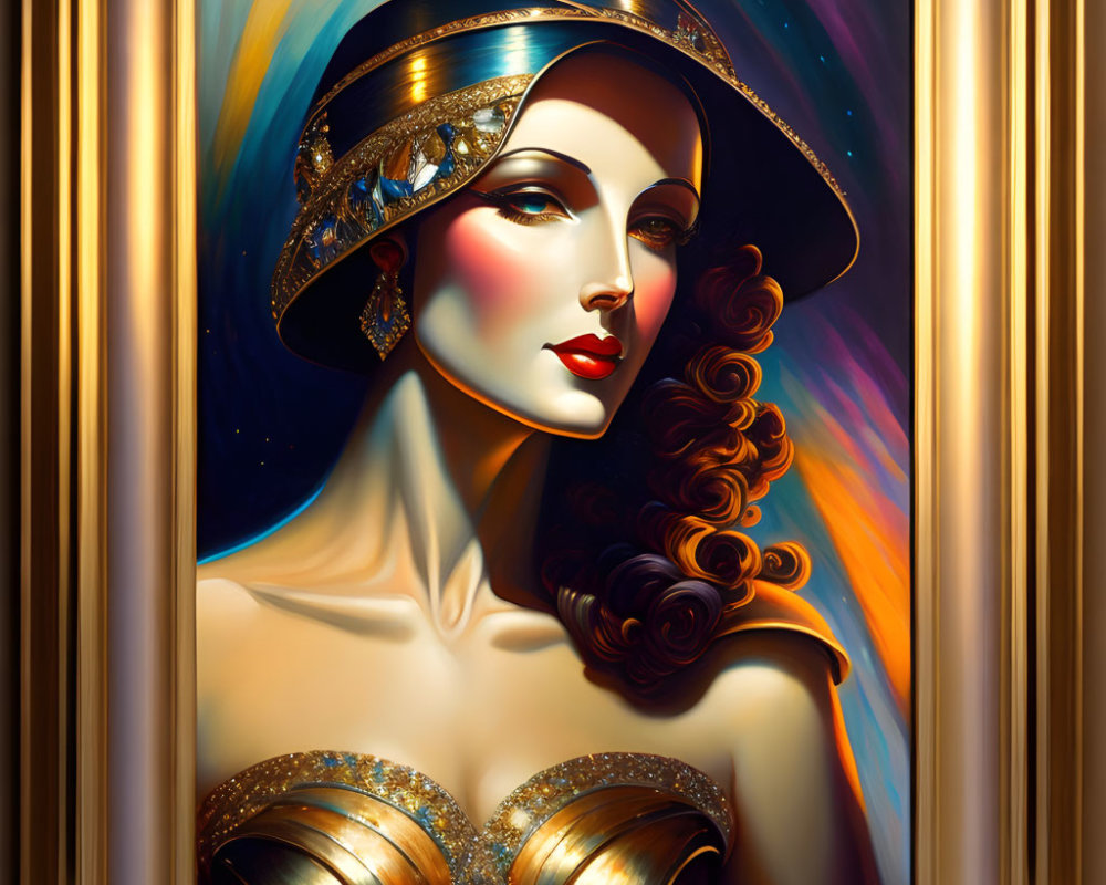 Stylized woman portrait with jeweled headpiece and golden gown