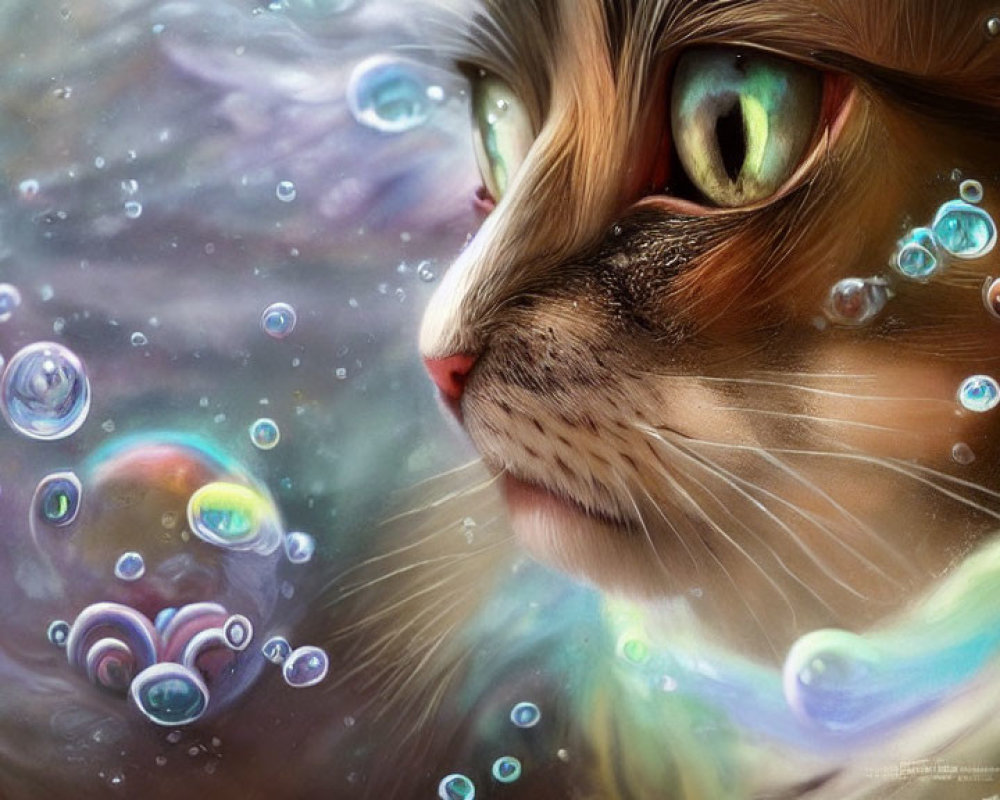 Close-up of cat with green eyes in whimsical backdrop of iridescent bubbles