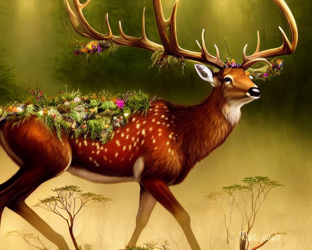 Majestic deer with garden back and branching antlers in forest landscape