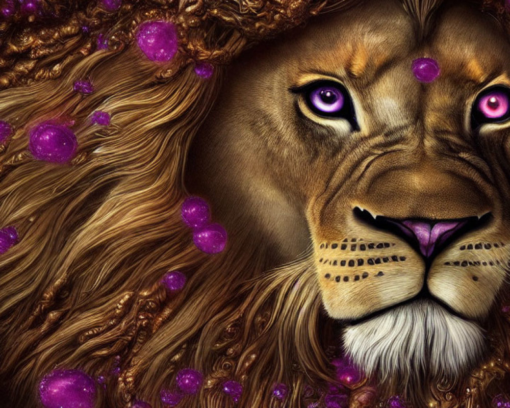 Majestic lion digital art with purple eyes and glowing orbs