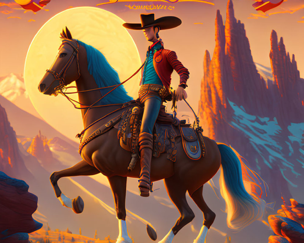 Western-themed poster with character on horseback in desert sunset
