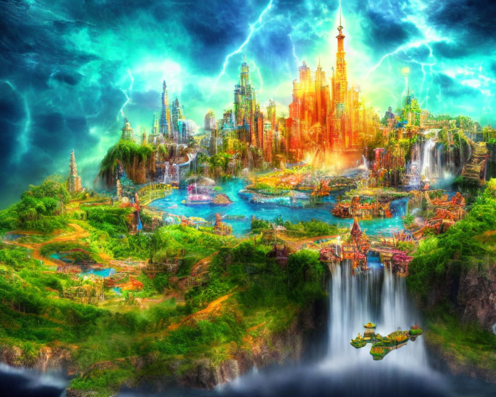 Futuristic city in fantasy landscape with waterfalls and energy beams