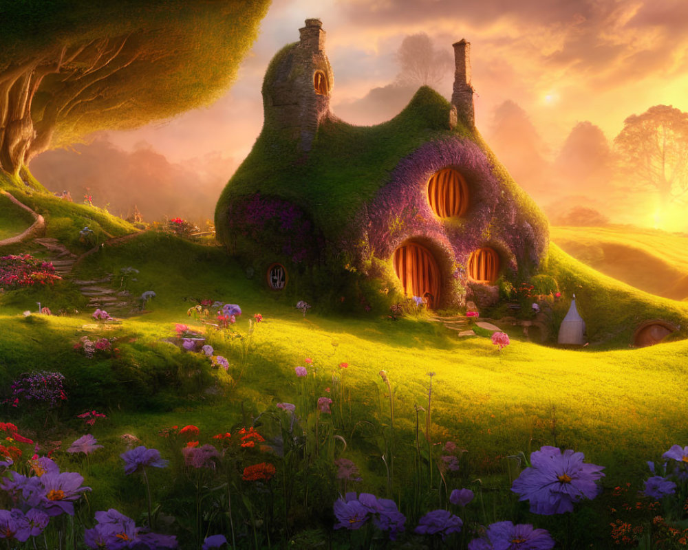 Moss-Covered Fairytale Cottage in Flower-Filled Meadow at Sunrise