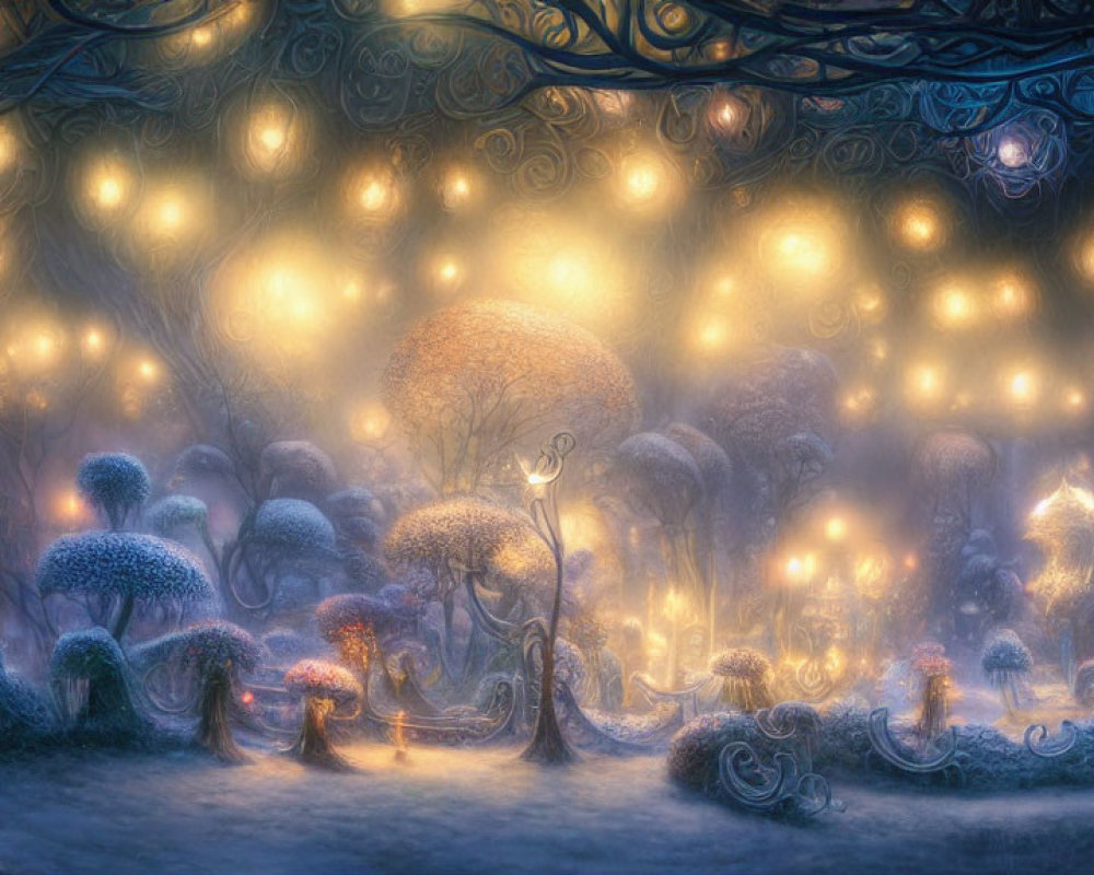 Enchanting forest with glowing orbs and whimsical trees