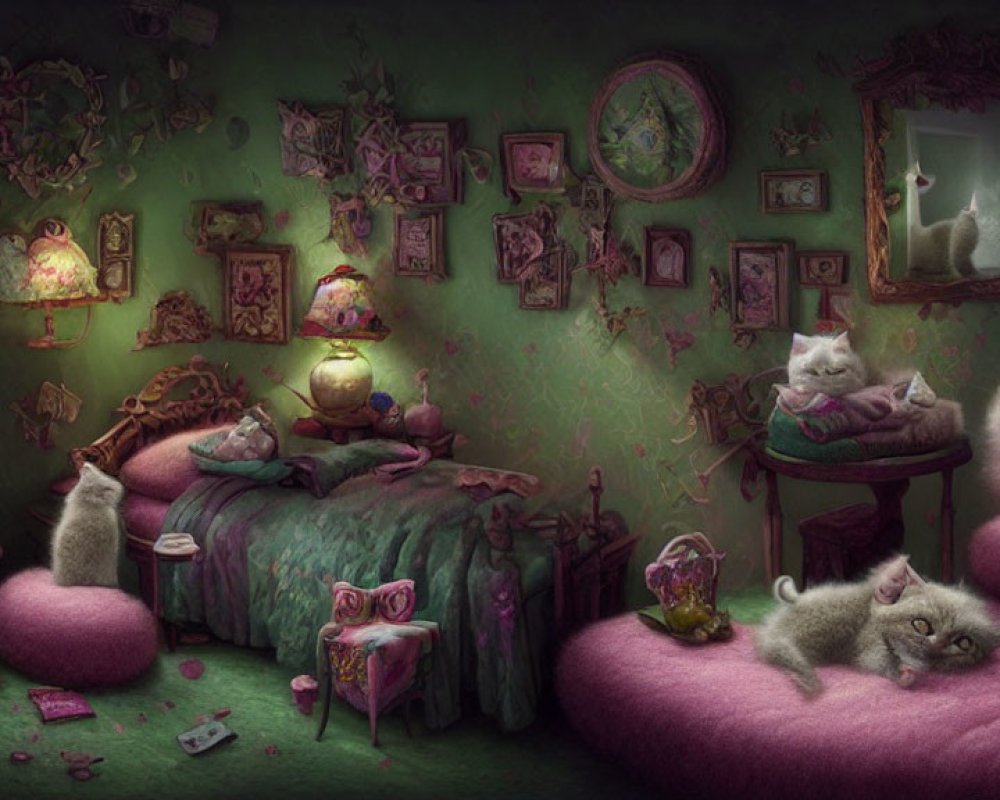 Whimsical cat-themed room with playful felines and cozy decor