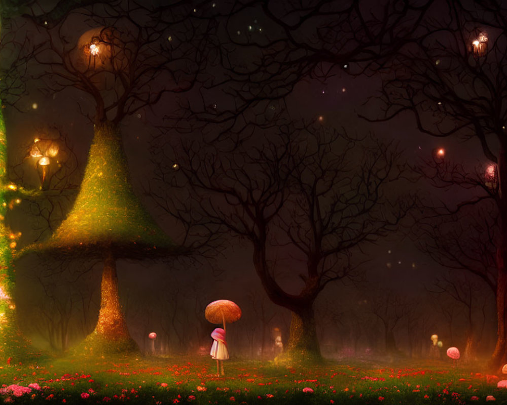 Illustration of magical forest with glowing trees, fireflies, person with umbrella, colorful flowers, illuminated