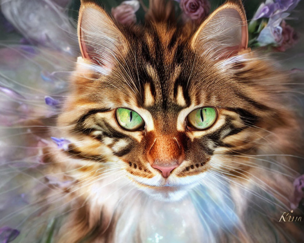 Close-Up Digital Painting of Cat with Striking Green Eyes and Pastel-Colored Flowers