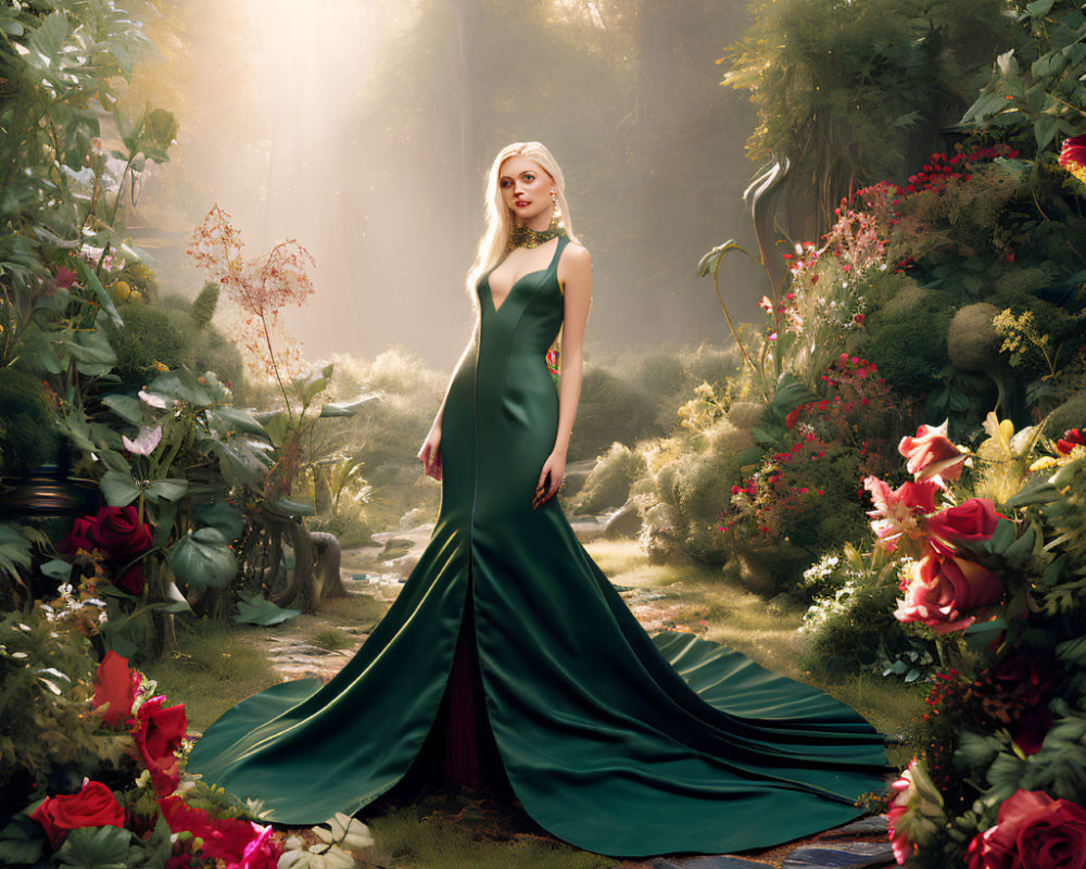 Woman in elegant green gown surrounded by lush garden with vibrant red roses and sun rays.