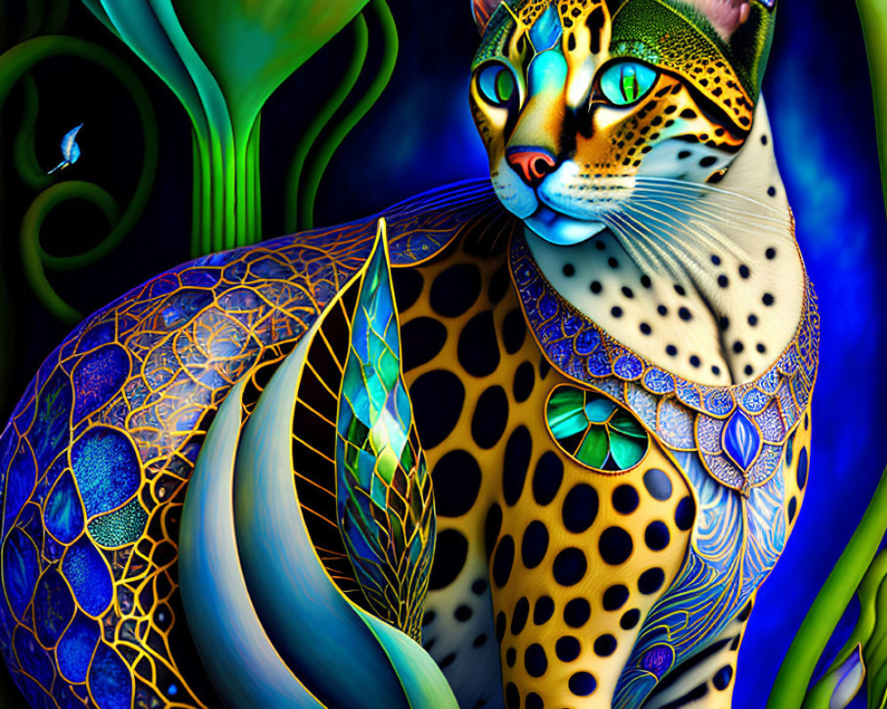 Colorful Stylized Cat Artwork with Blue Background