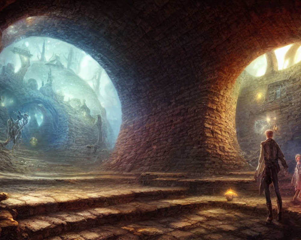 Adventurer with lantern in stone archway gazes at underwater city through portal