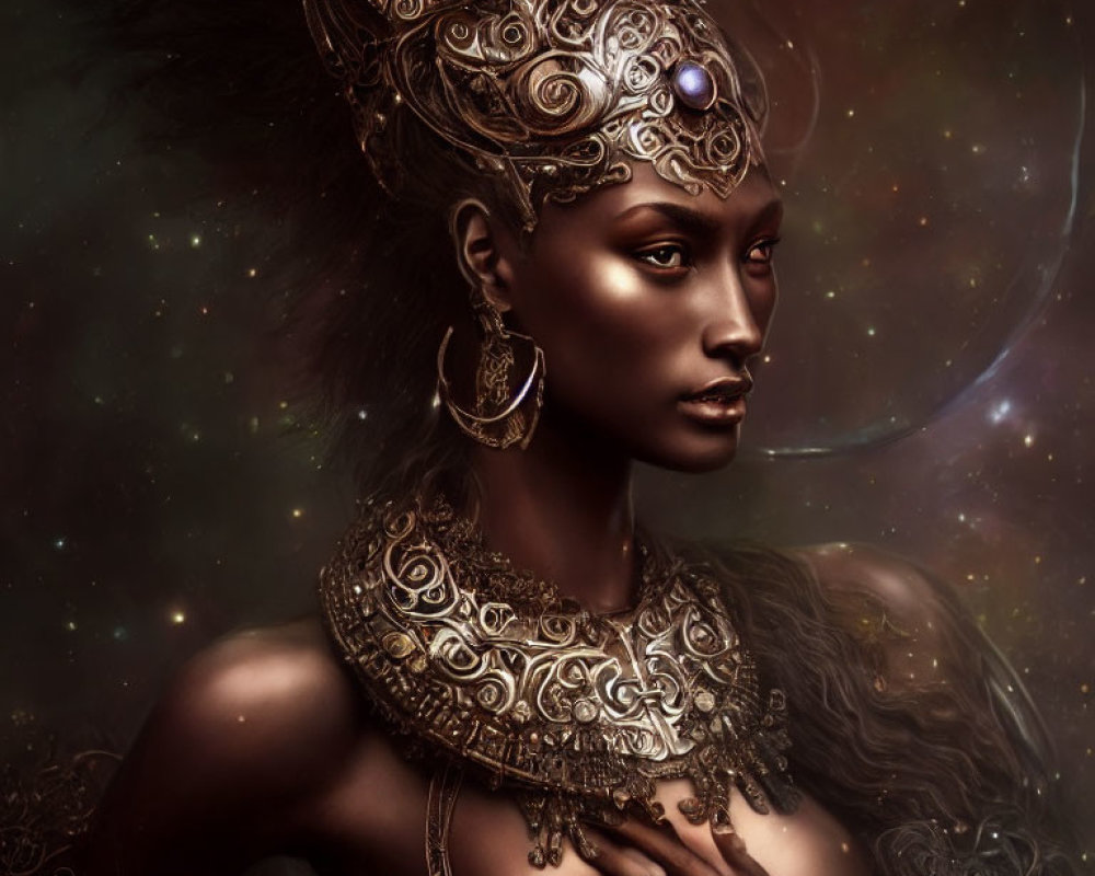 Elaborate golden headgear adorns regal woman against cosmic starry background