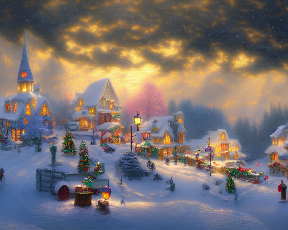 Winter Village with Christmas Decorations and Snowy Streets at Dusk