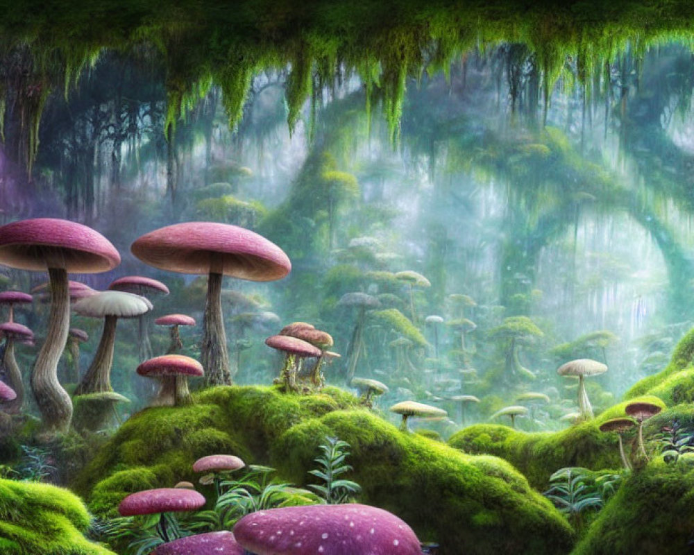 Enchanting forest scene with oversized mushrooms and mysterious figure