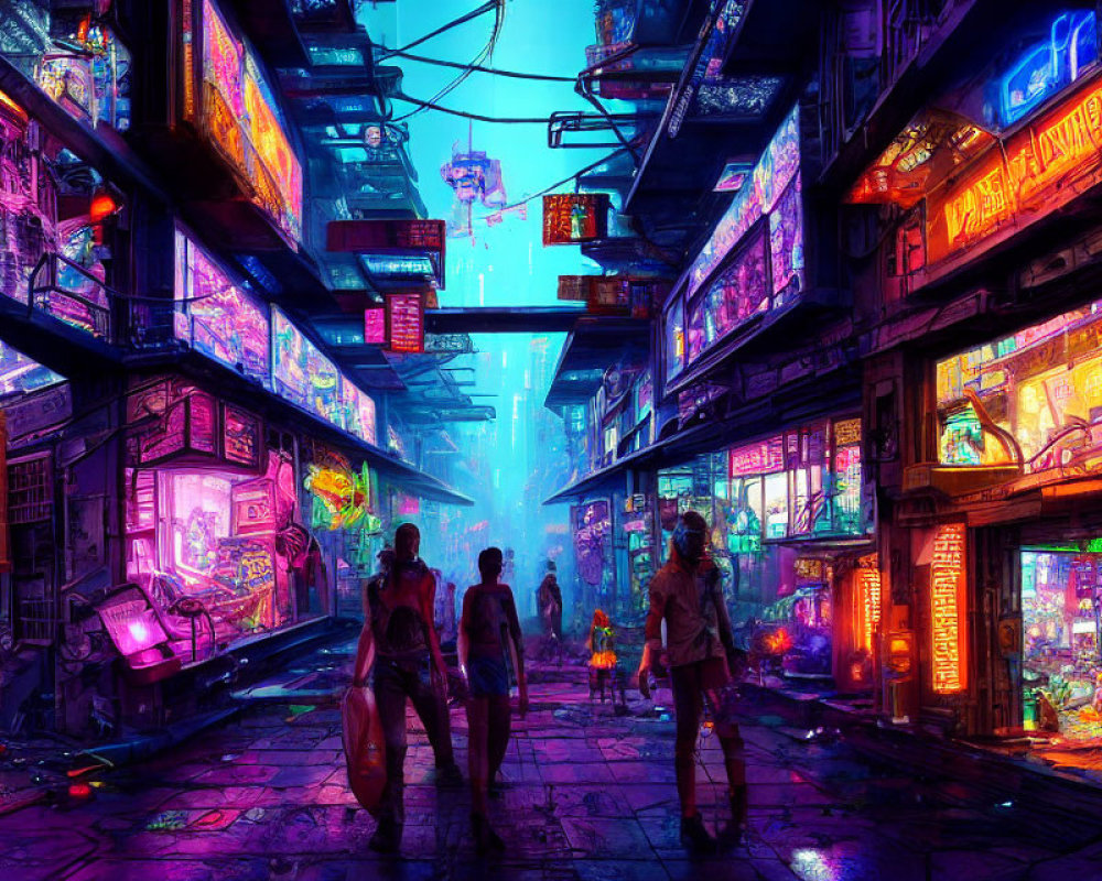 Vibrant cyberpunk cityscape: neon signs, dense architecture, pedestrians under illuminated billboards.
