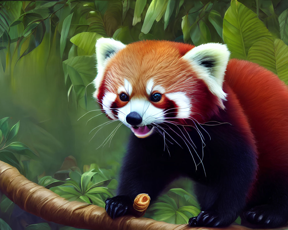 Vivid Red Panda with White Face Balancing on Branch