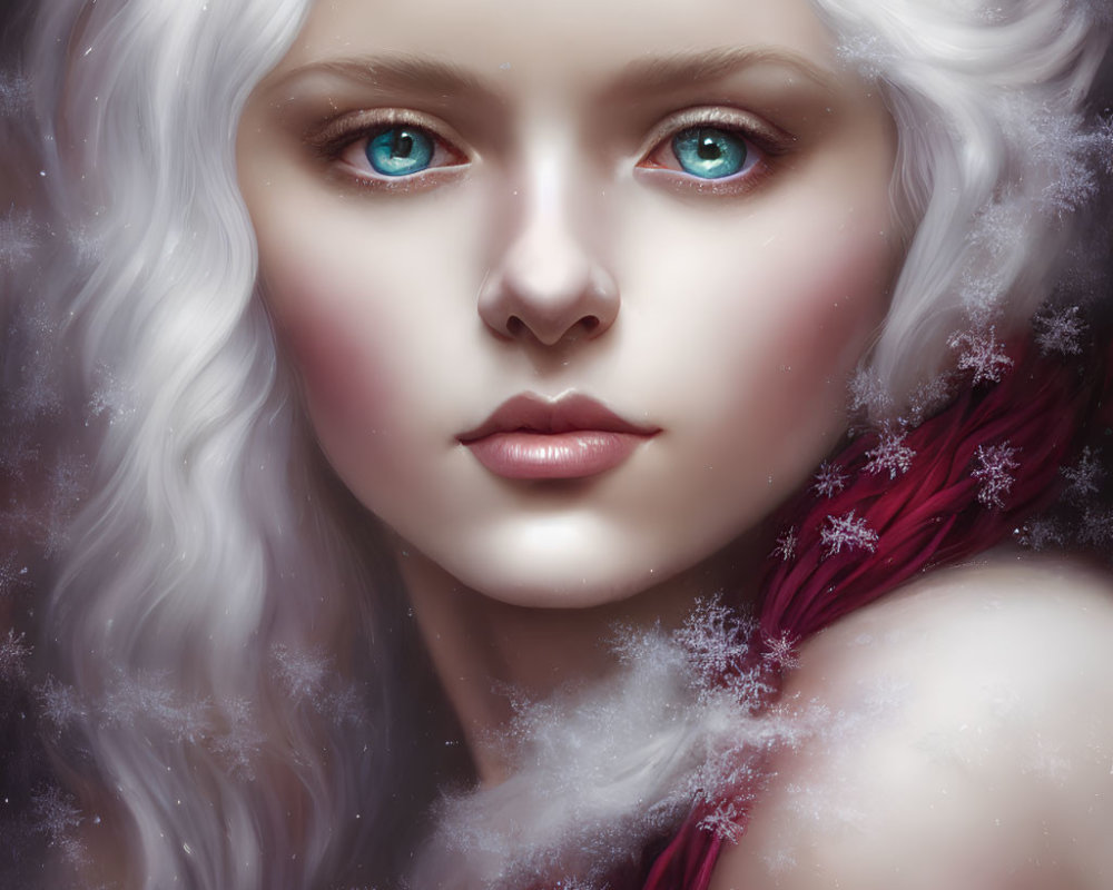 Digital portrait of a person with pale skin, blue eyes, white hair, snowflakes, and
