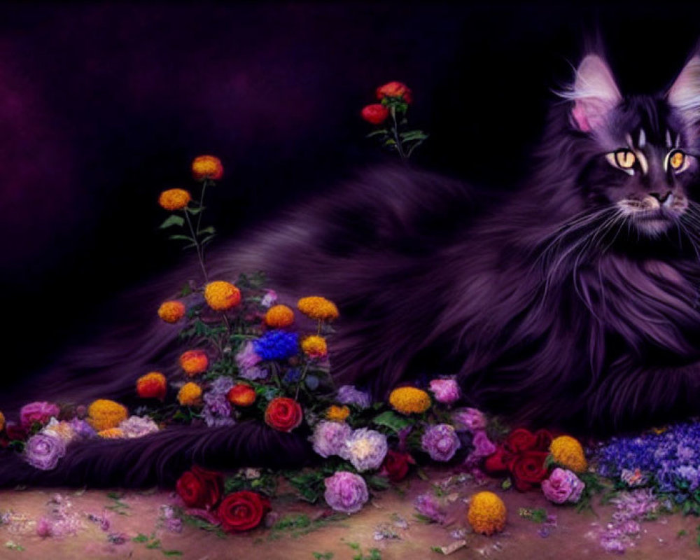 Majestic black cat with striking eyes among vibrant roses