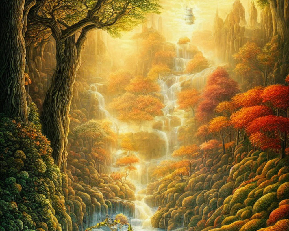 Ethereal forest with autumn colors, waterfall, and distant castle