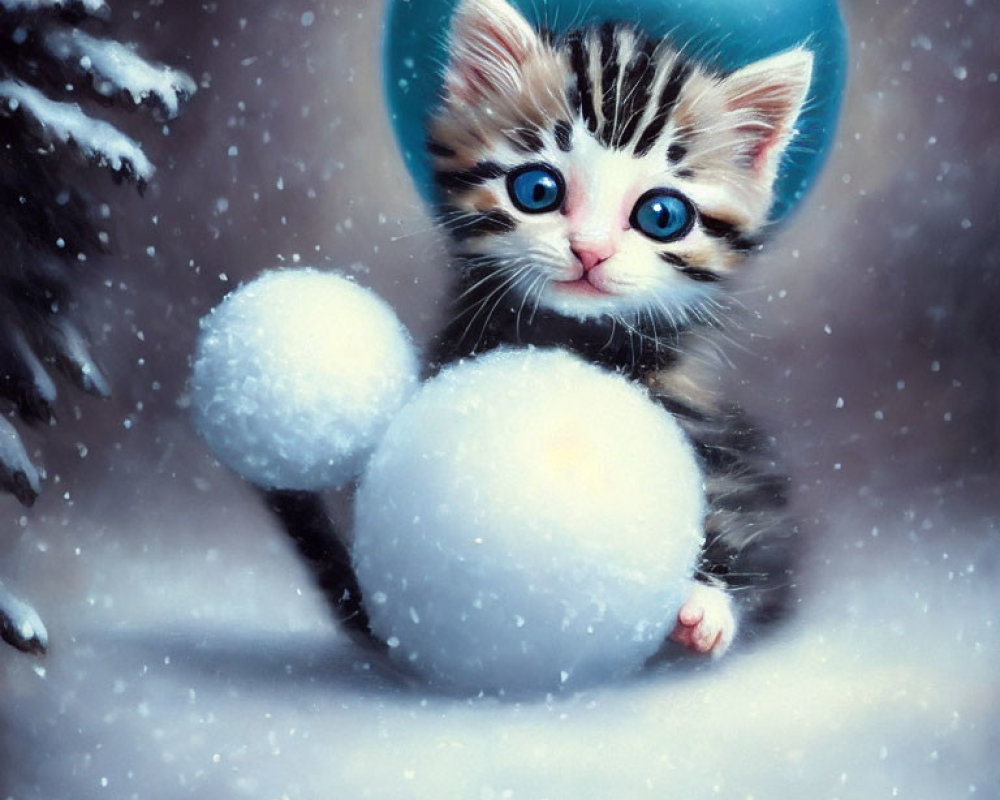 Adorable kitten with blue eyes holding snowball in snowy scene
