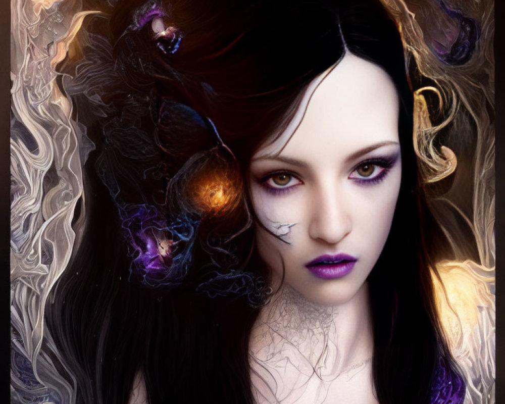 Portrait of a woman with dark hair and purple eyes in a fantasy setting