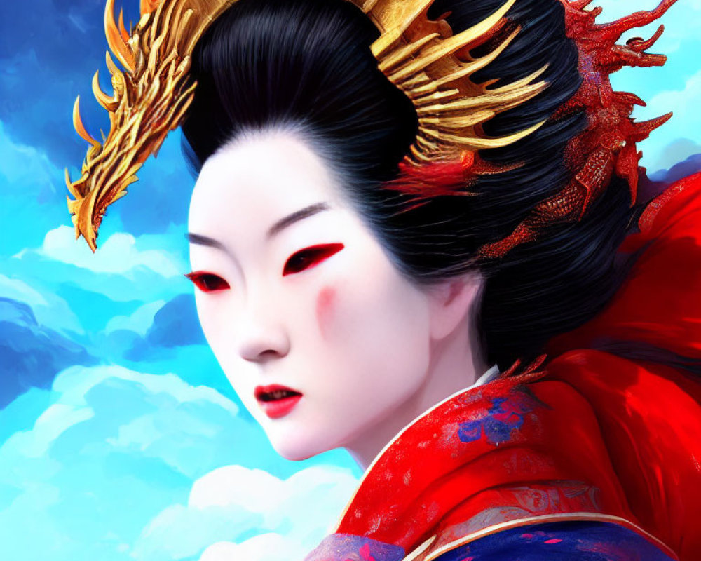 Person with Traditional Japanese Makeup & Dragon Headdress on Blue Sky