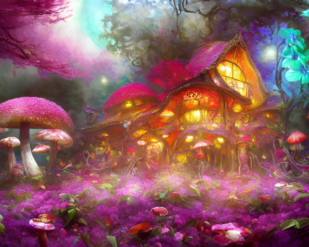 Whimsical mushroom house in colorful forest scene