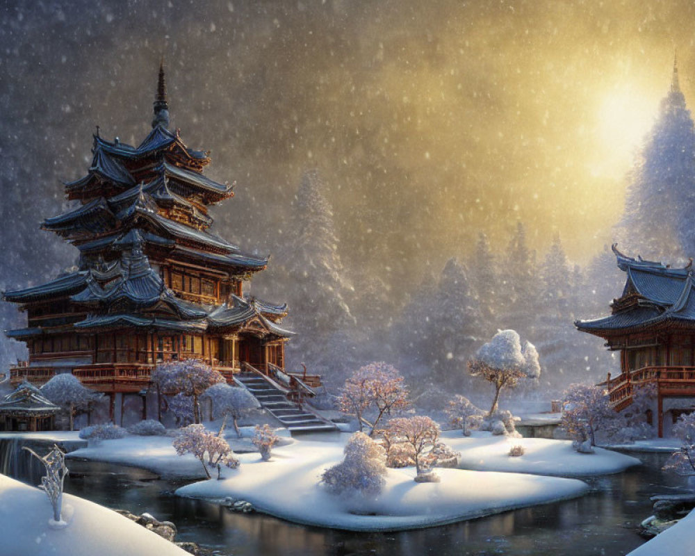 Snowy landscape with traditional Japanese pagodas under soft sunlight