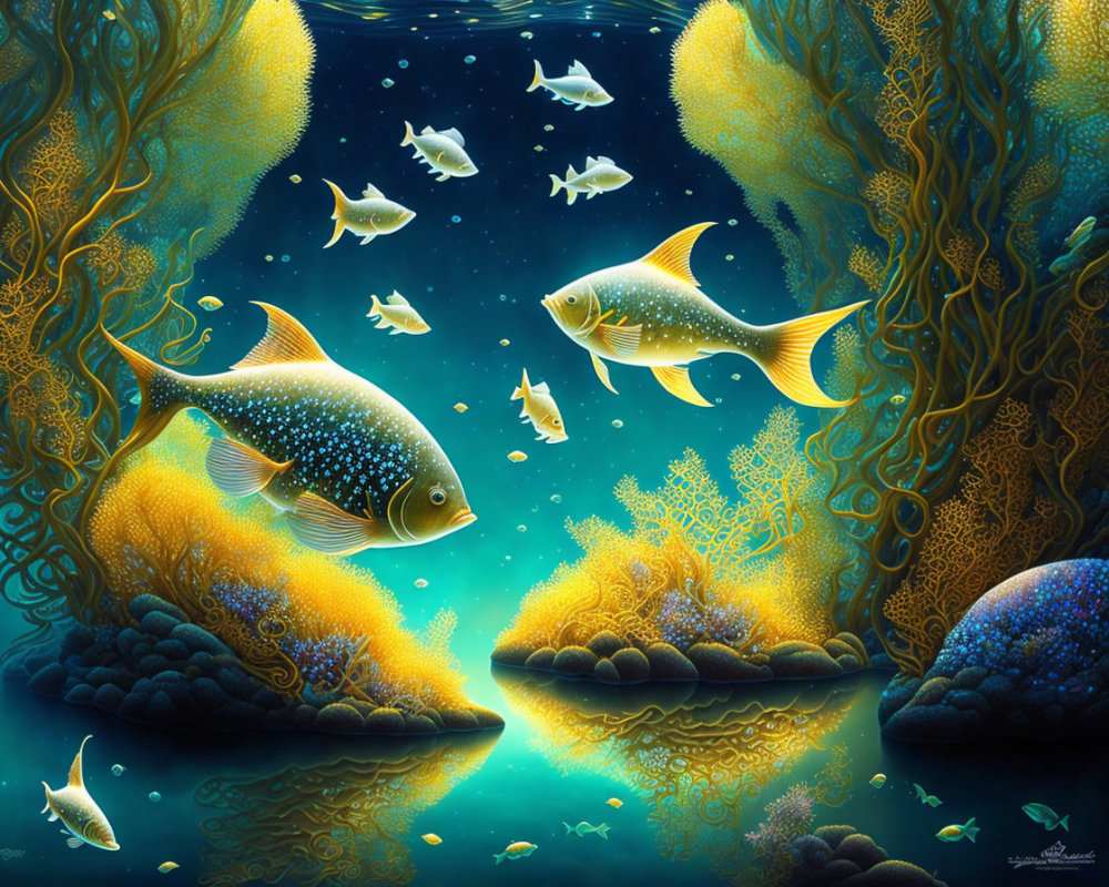 Colorful coral reefs with golden fish in serene underwater scene