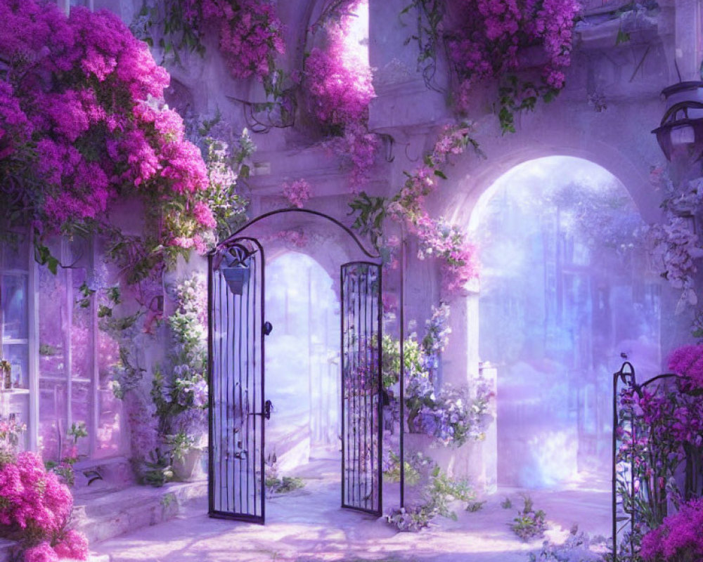 Courtyard with Open Wrought Iron Gate and Purple Flowers
