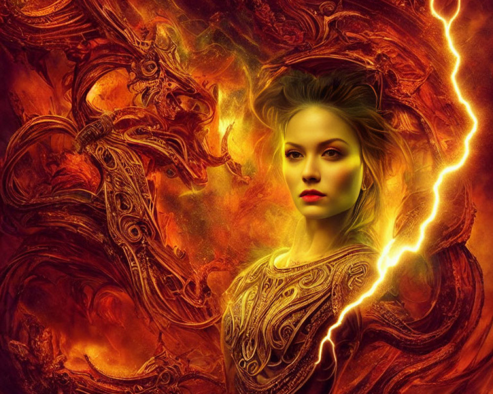 Woman with striking features engulfed in swirling flames and lightning with intricate skin designs