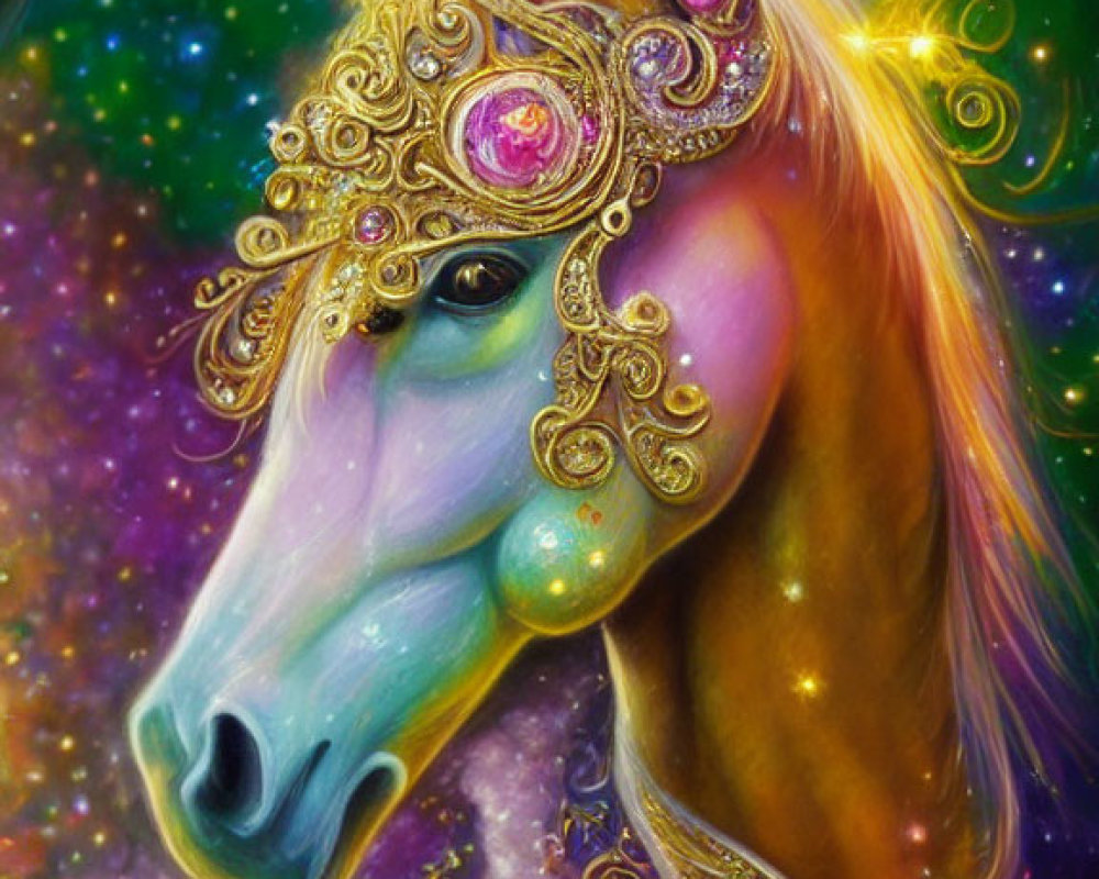 Golden jeweled headdress on mystical horse in cosmic setting