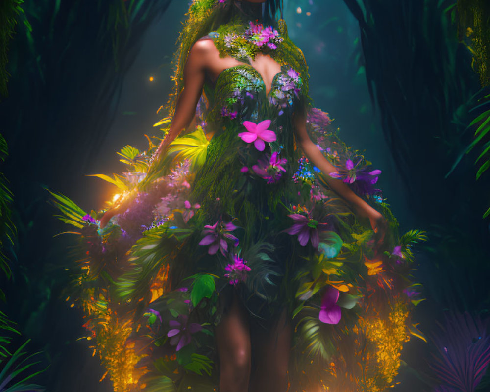 Mystical woman surrounded by vibrant flowers in neon-lit forest
