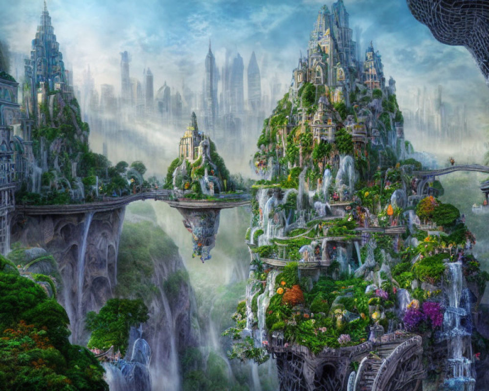 Majestic fantasy landscape with lush greenery and waterfalls