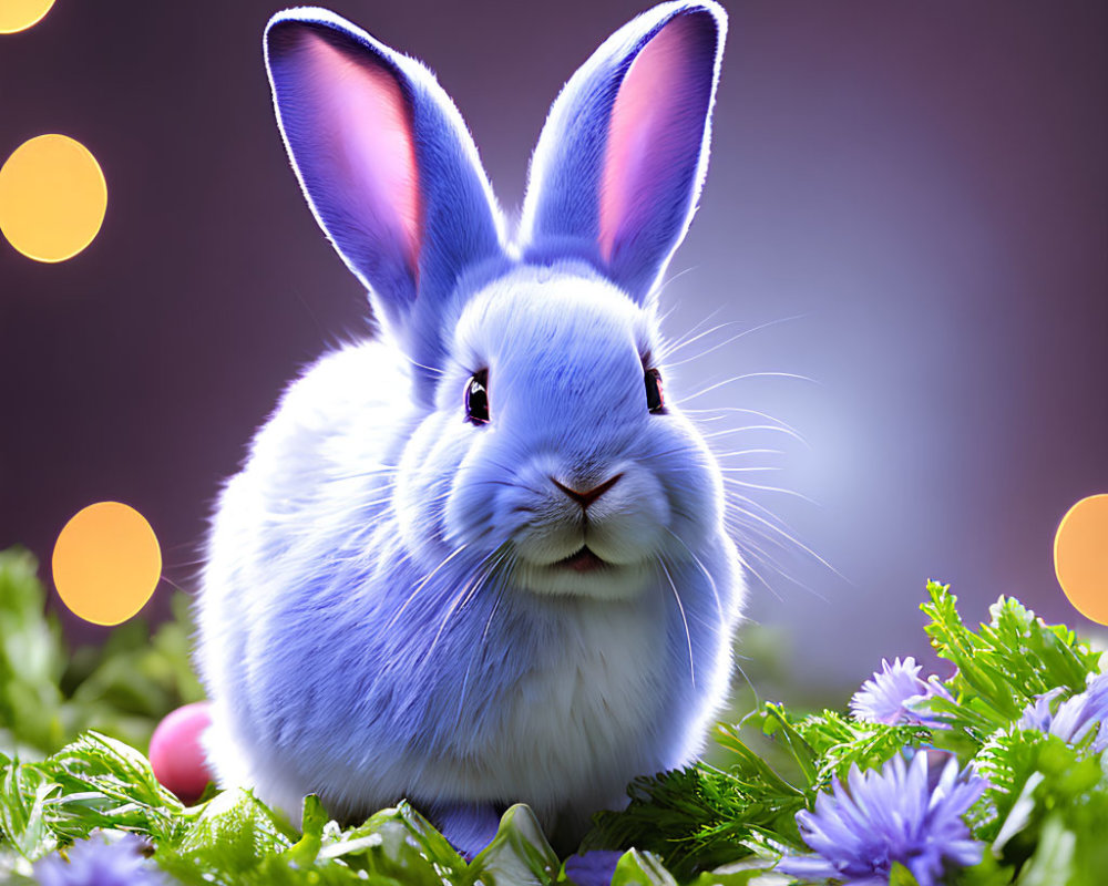 Colorful Digital Artwork: Blue Rabbit in Lush Garden with Glowing Lights