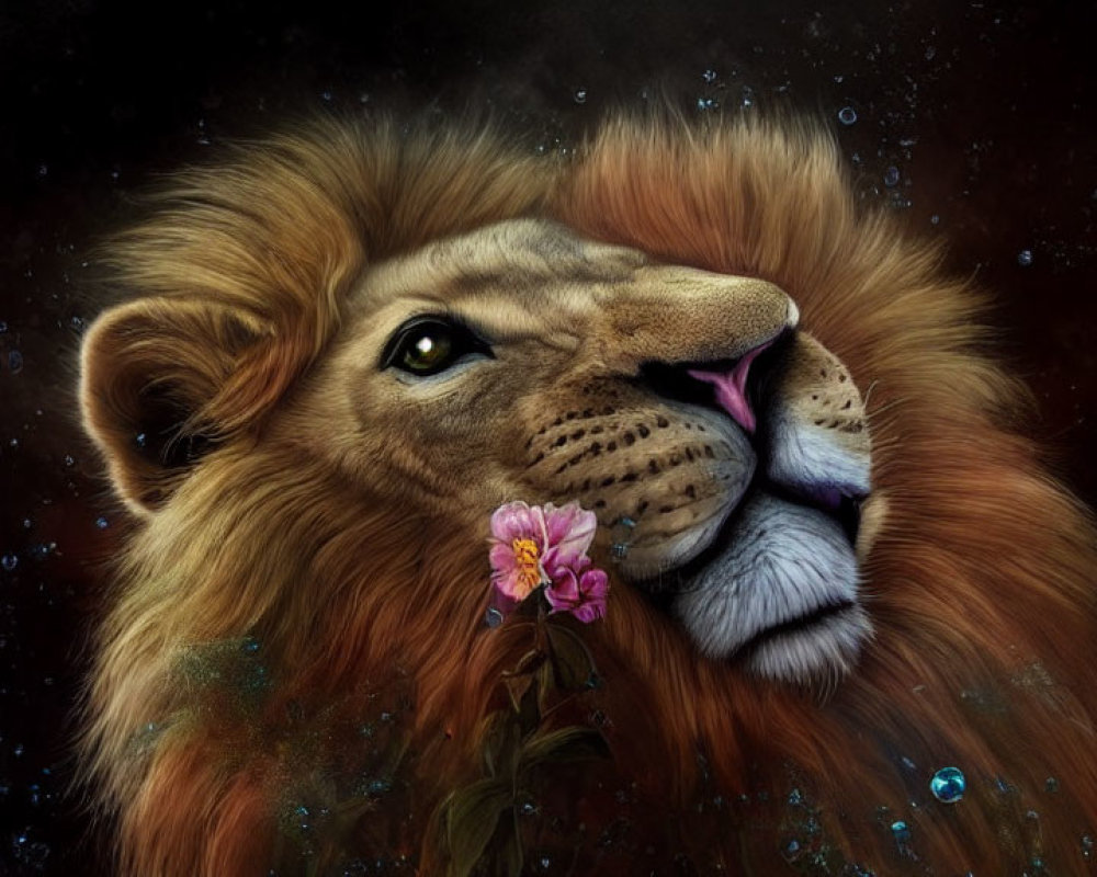 Majestic lion with vibrant mane licking nose amid bubbles and flower on dark background